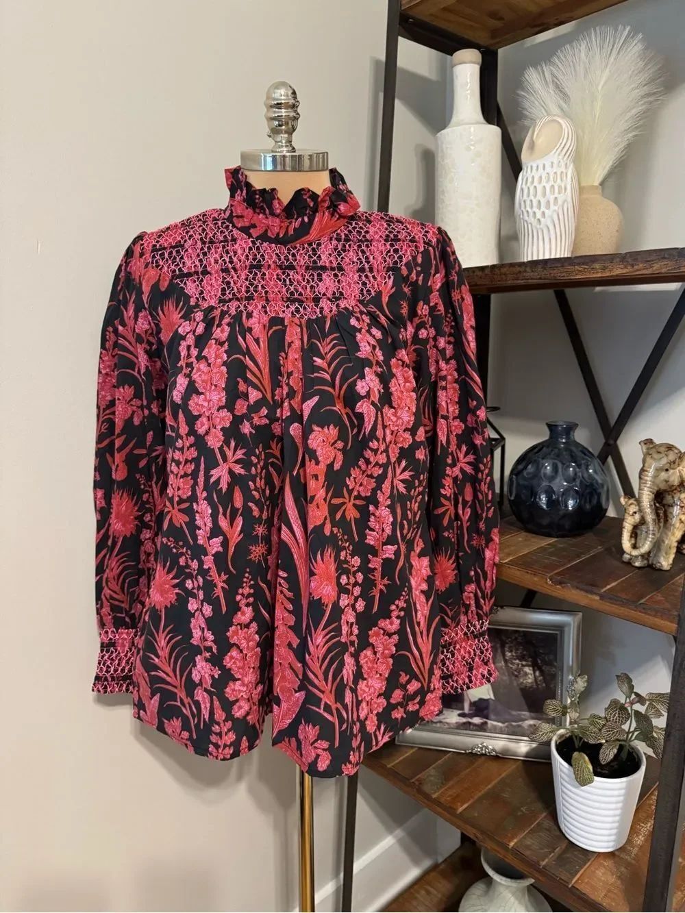 Victoria Dunn Blouse Womens L Pink/Red Floral Ruffle Top Smocked Detail Cottage